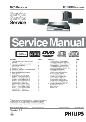 Philips hts6500 service manual cover with picture of the device, model type and number, table of contents, manual version and publication year.