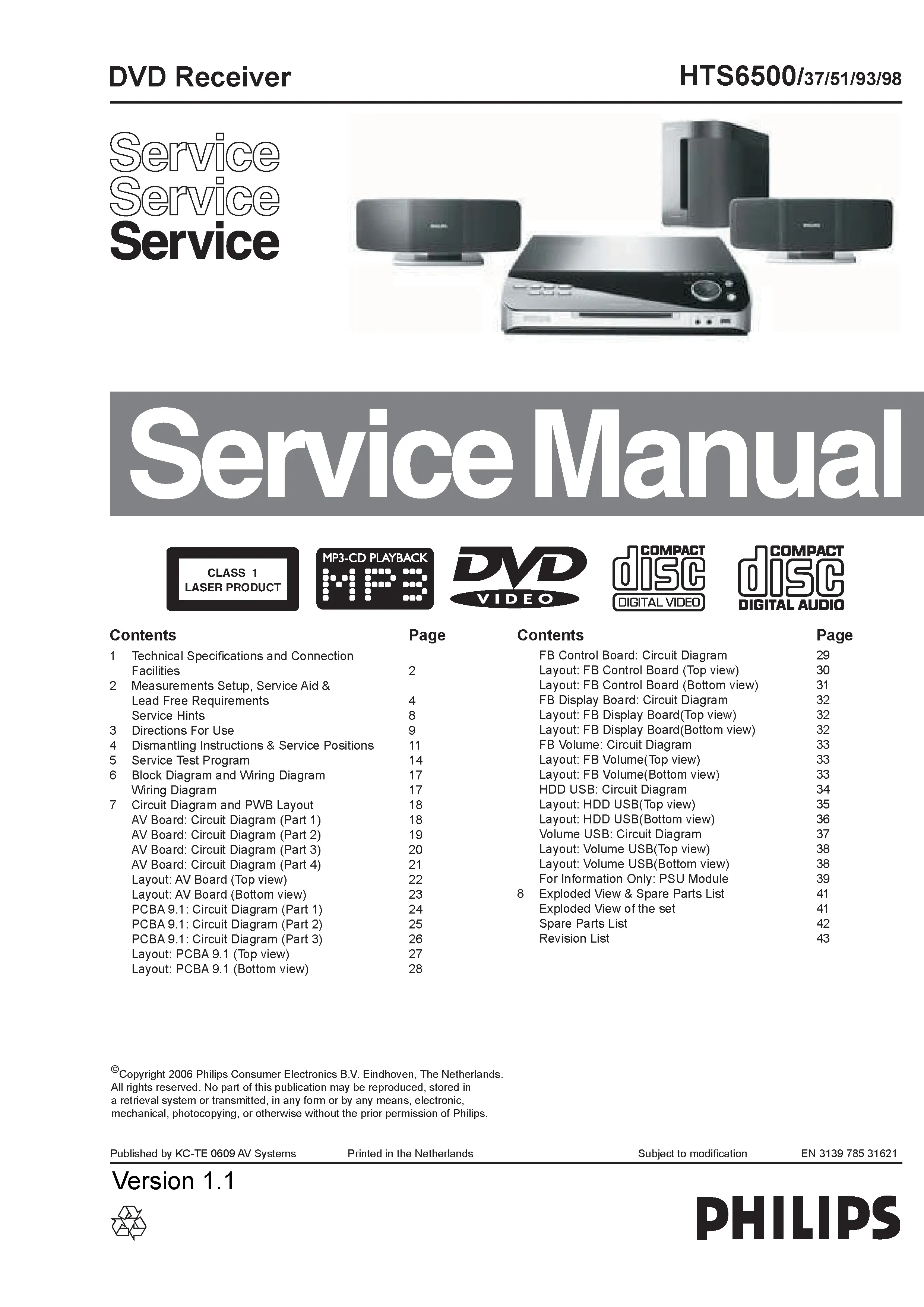 Philips hts6500 service manual cover with picture of the device, model type and number, table of contents, manual version and publication year.