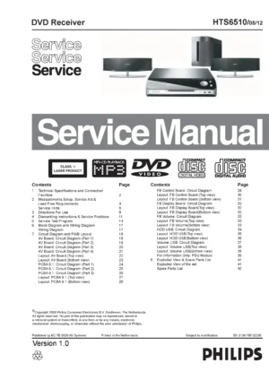 Philips hts6510 service manual cover with picture of the device, model type and number, table of contents, manual version and publication year.