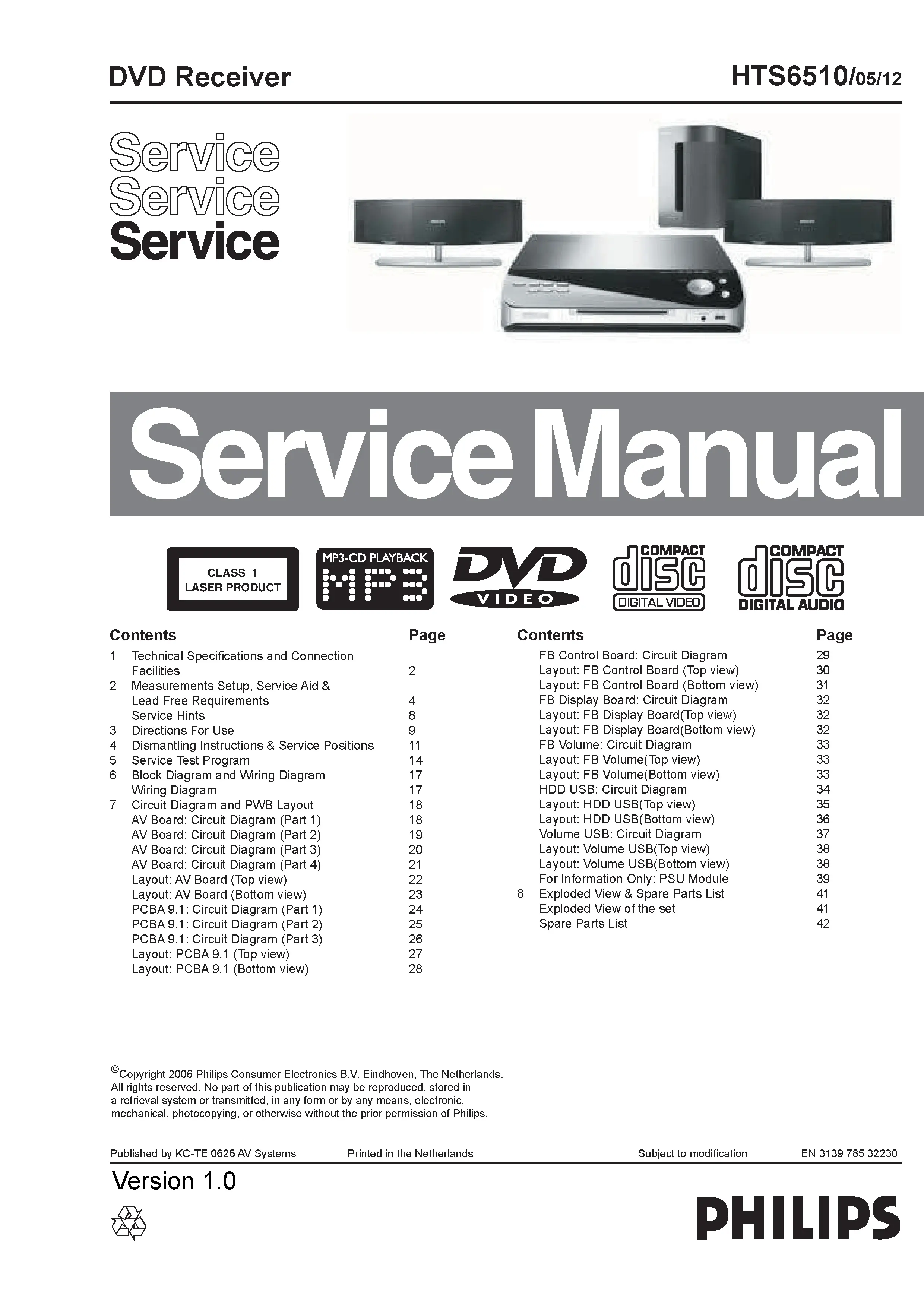 Philips hts6510 service manual cover with picture of the device, model type and number, table of contents, manual version and publication year.