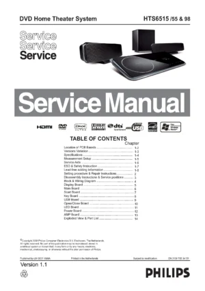 Philips hts6515 service manual cover with picture of the device, model type and number, table of contents, manual version and publication year.