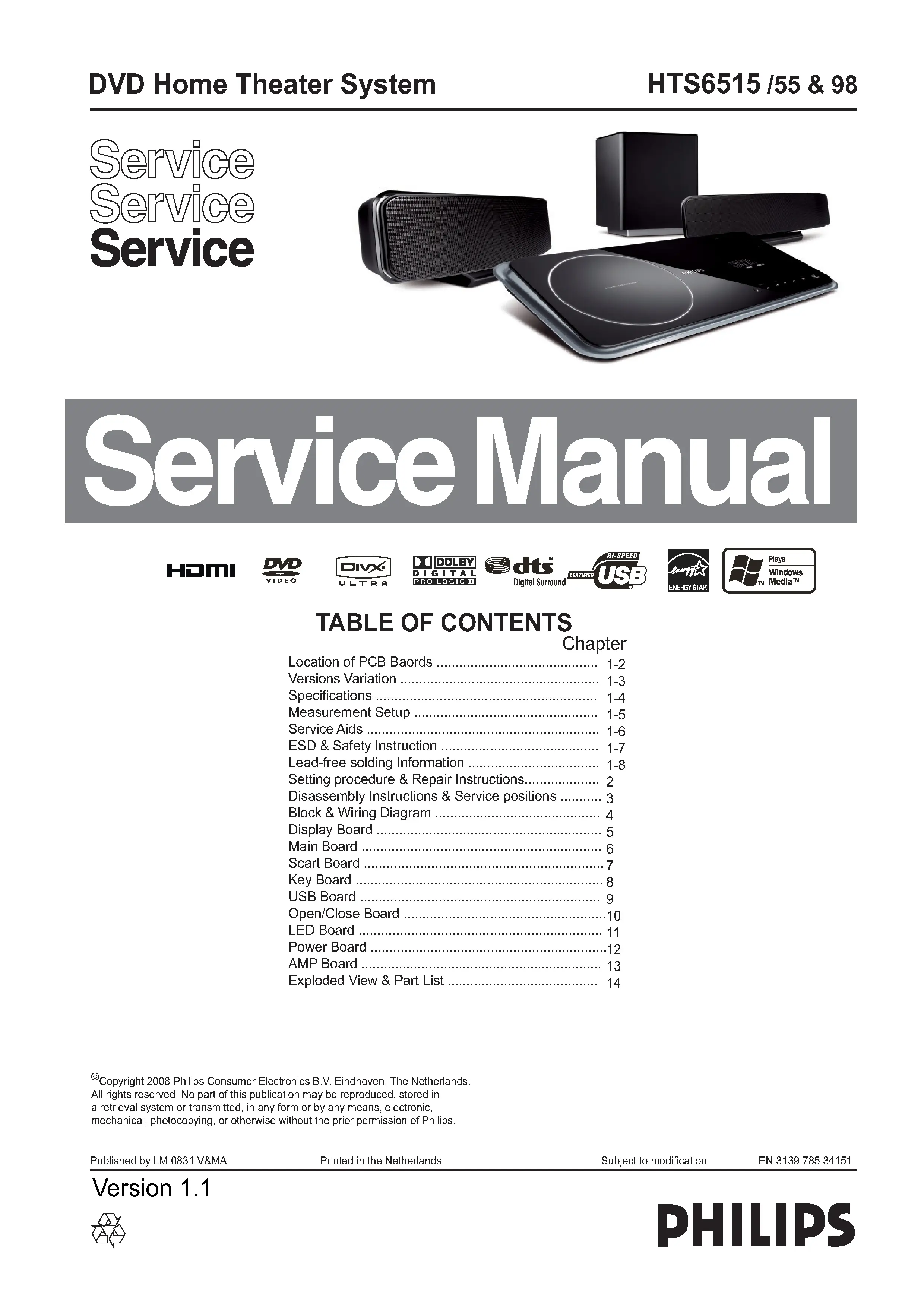 Philips hts6515 service manual cover with picture of the device, model type and number, table of contents, manual version and publication year.