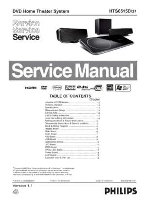 Philips hts6515d service manual cover with picture of the device, model type and number, table of contents, manual version and publication year.