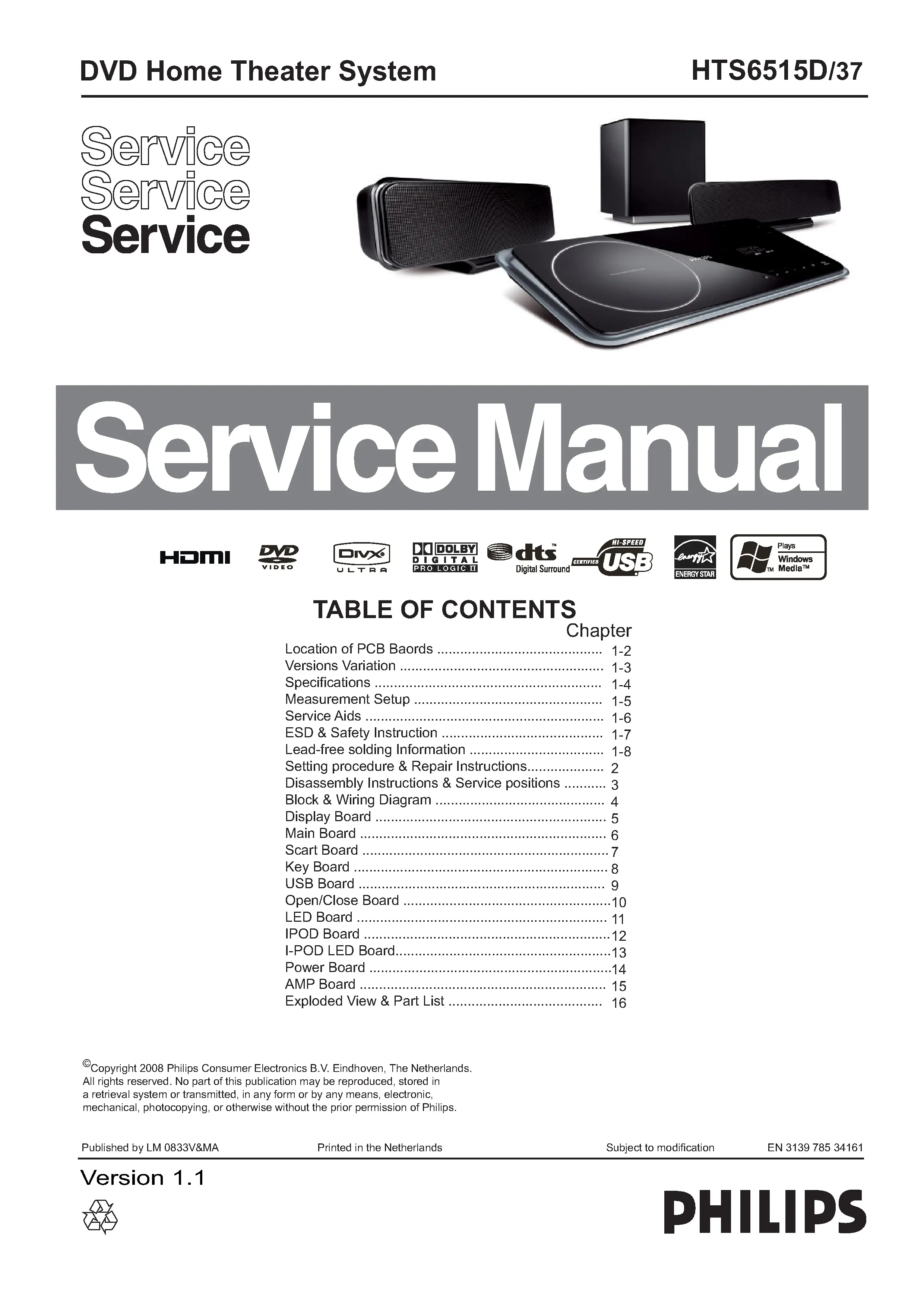 Philips hts6515d service manual cover with picture of the device, model type and number, table of contents, manual version and publication year.