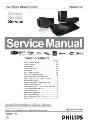 Philips hts6520 service manual cover with picture of the device, model type and number, table of contents, manual version and publication year.