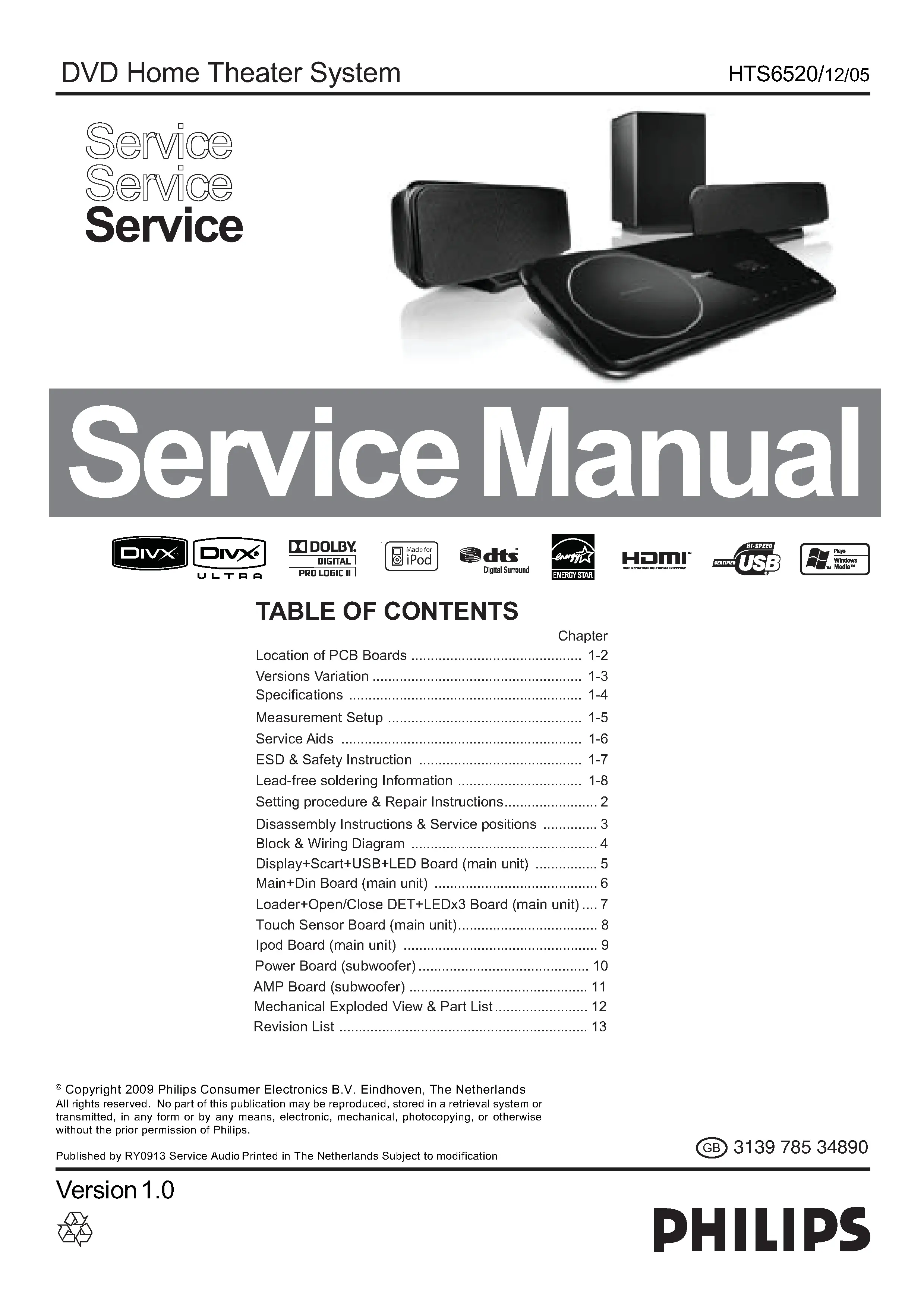 Philips hts6520 service manual cover with picture of the device, model type and number, table of contents, manual version and publication year.
