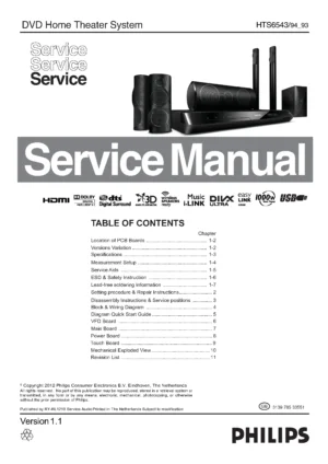 Philips hts6543 service manual cover with picture of the device, model type and number, table of contents, manual version and publication year.