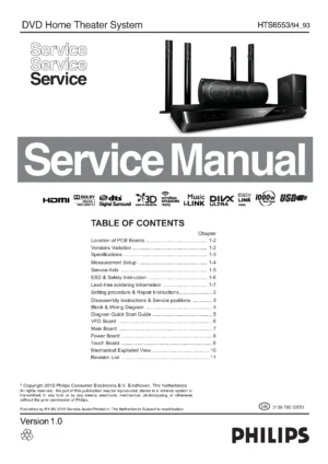 Philips hts6553 service manual cover with picture of the device, model type and number, table of contents, manual version and publication year.