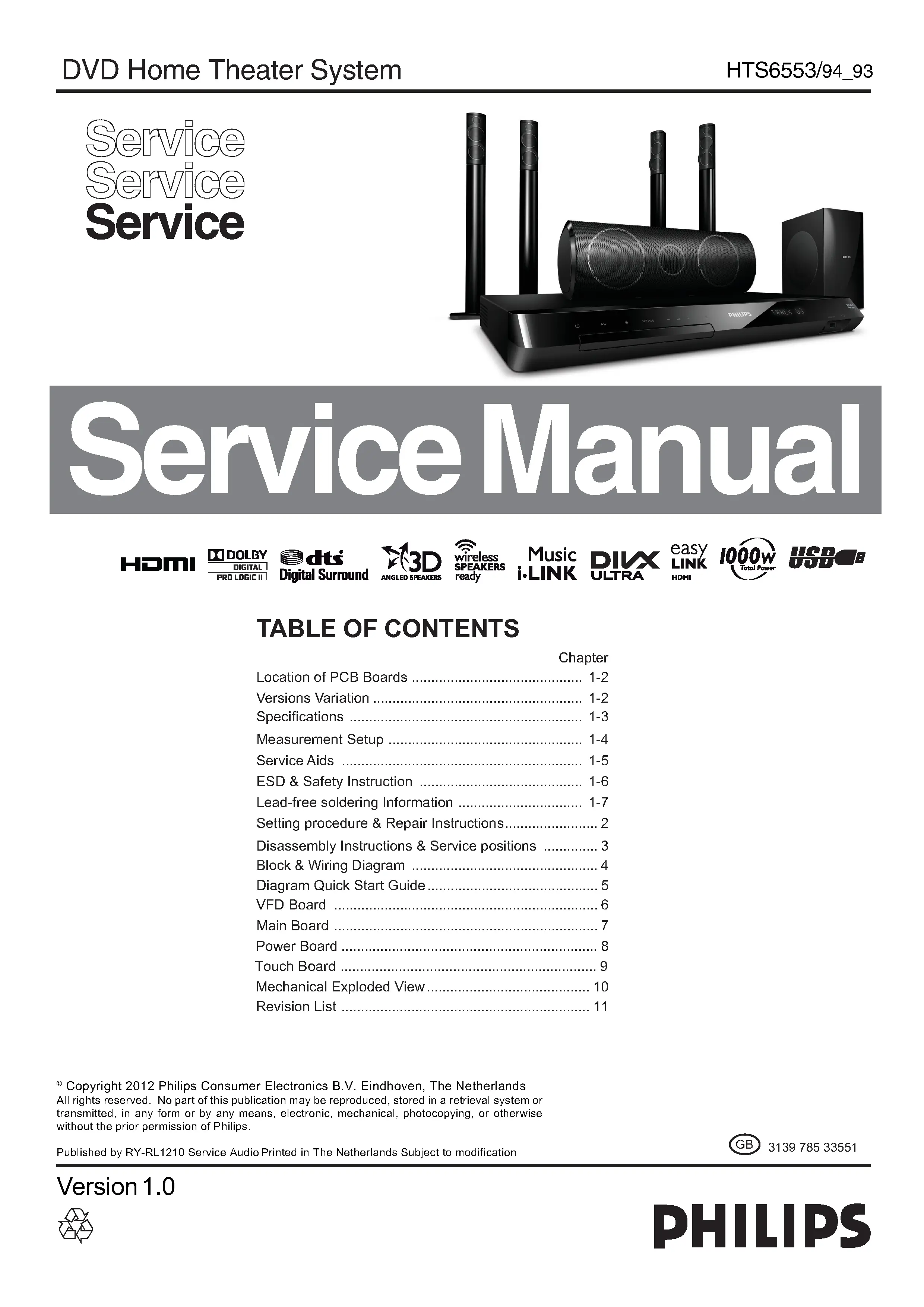 Philips hts6553 service manual cover with picture of the device, model type and number, table of contents, manual version and publication year.