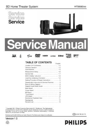 Philips hts6583 service manual cover with picture of the device, model type and number, table of contents, manual version and publication year.