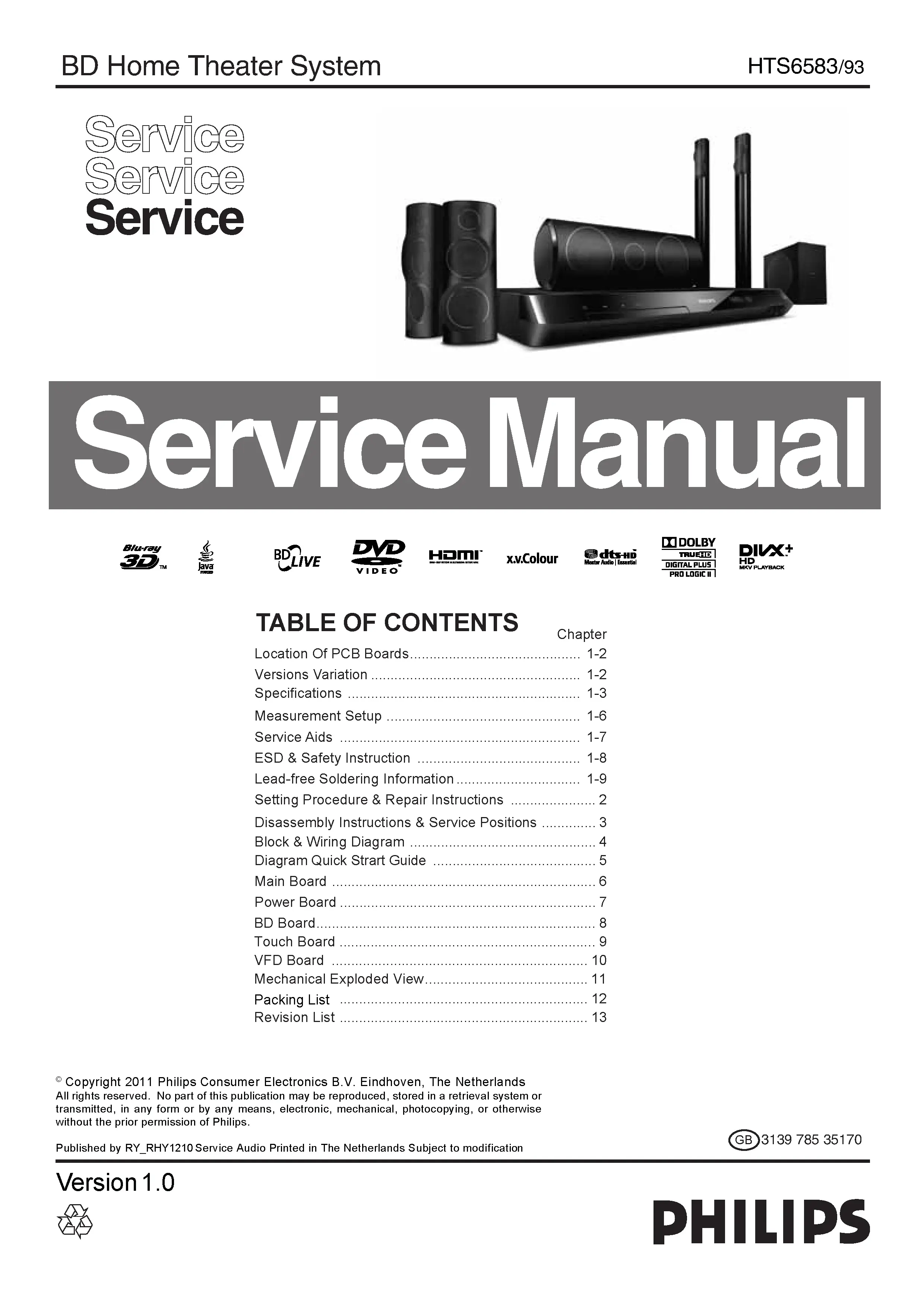 Philips hts6583 service manual cover with picture of the device, model type and number, table of contents, manual version and publication year.