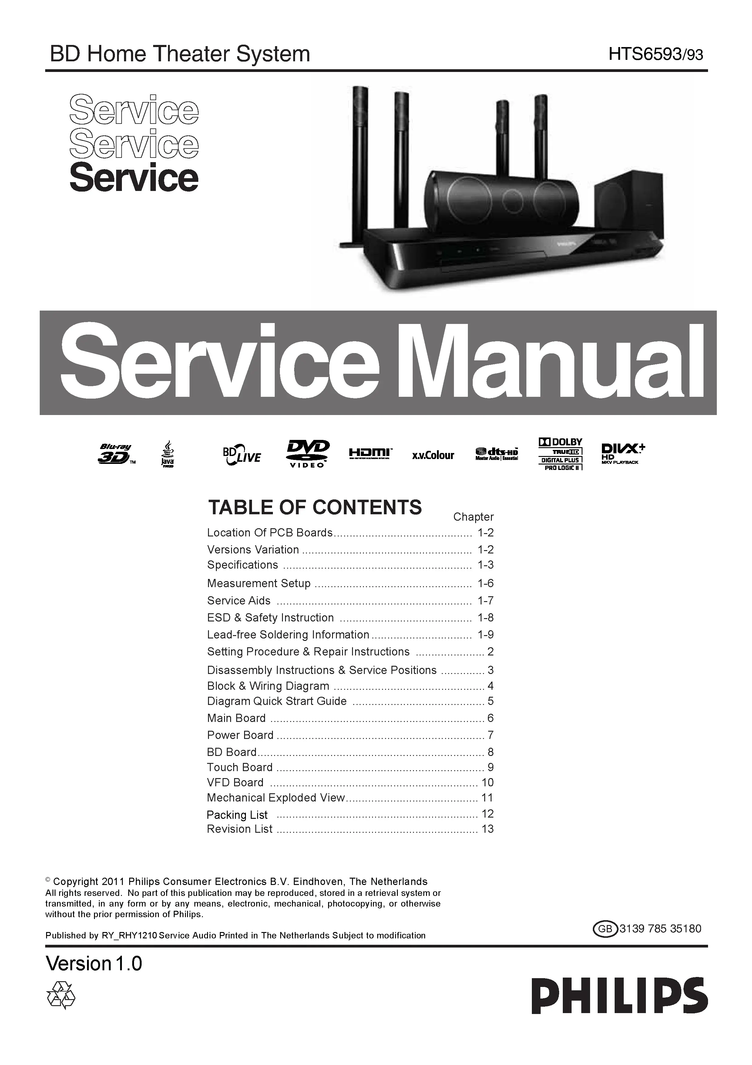 Philips hts6593 service manual cover with picture of the device, model type and number, table of contents, manual version and publication year.