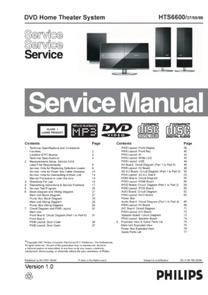 Philips hts6600 service manual cover with picture of the device, model type and number, table of contents, manual version and publication year.