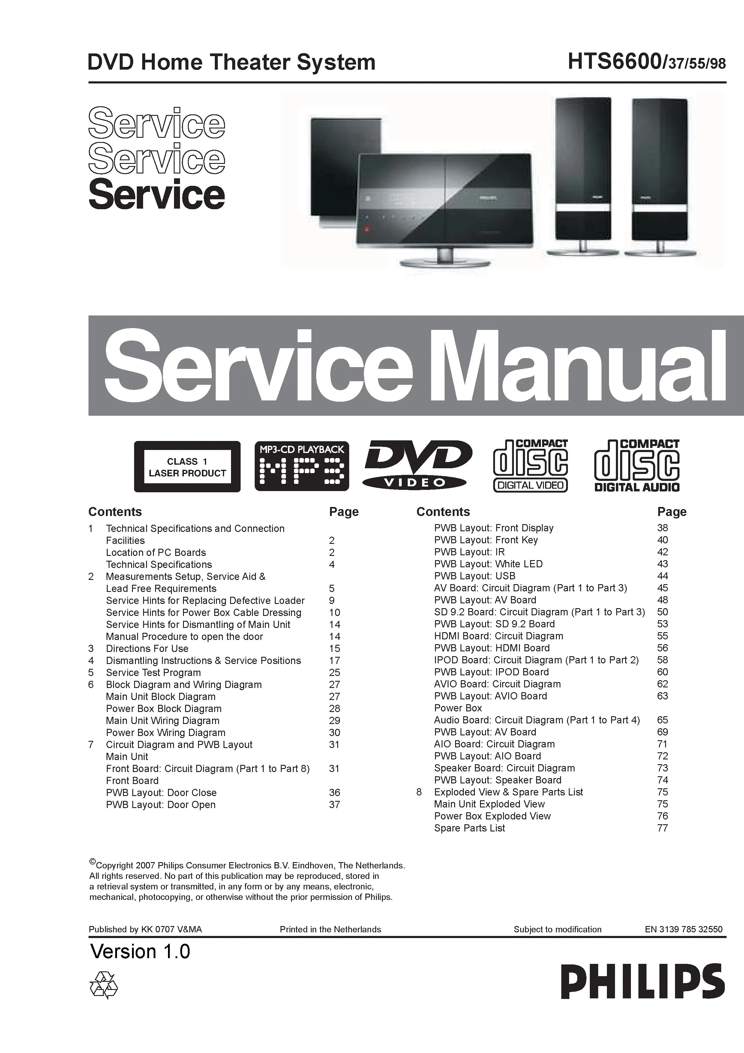Philips hts6600 service manual cover with picture of the device, model type and number, table of contents, manual version and publication year.