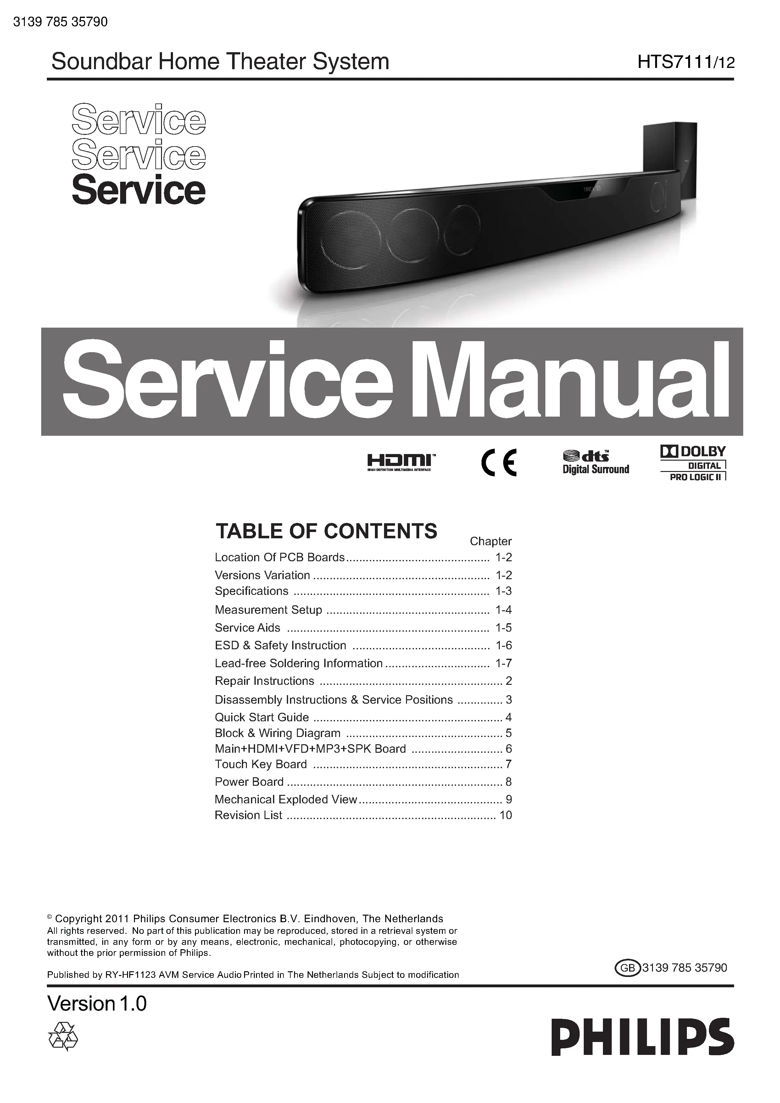 Philips hts7111 service manual cover with picture of the device, model type and number, table of contents, manual version and publication year.