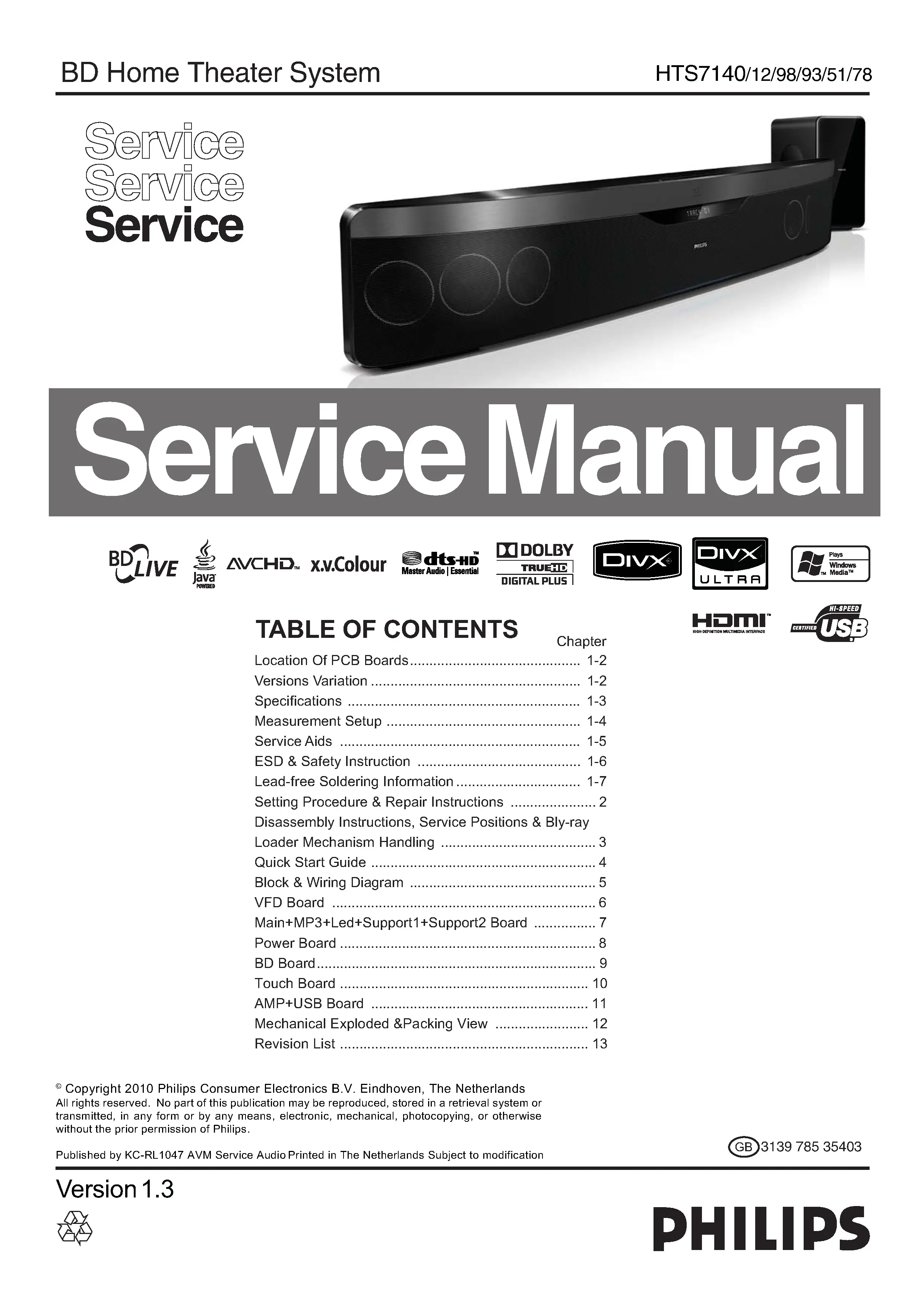 Philips hts7140 service manual cover with picture of the device, model type and number, table of contents, manual version and publication year.