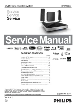 Philips hts7200 service manual cover with picture of the device, model type and number, table of contents, manual version and publication year.