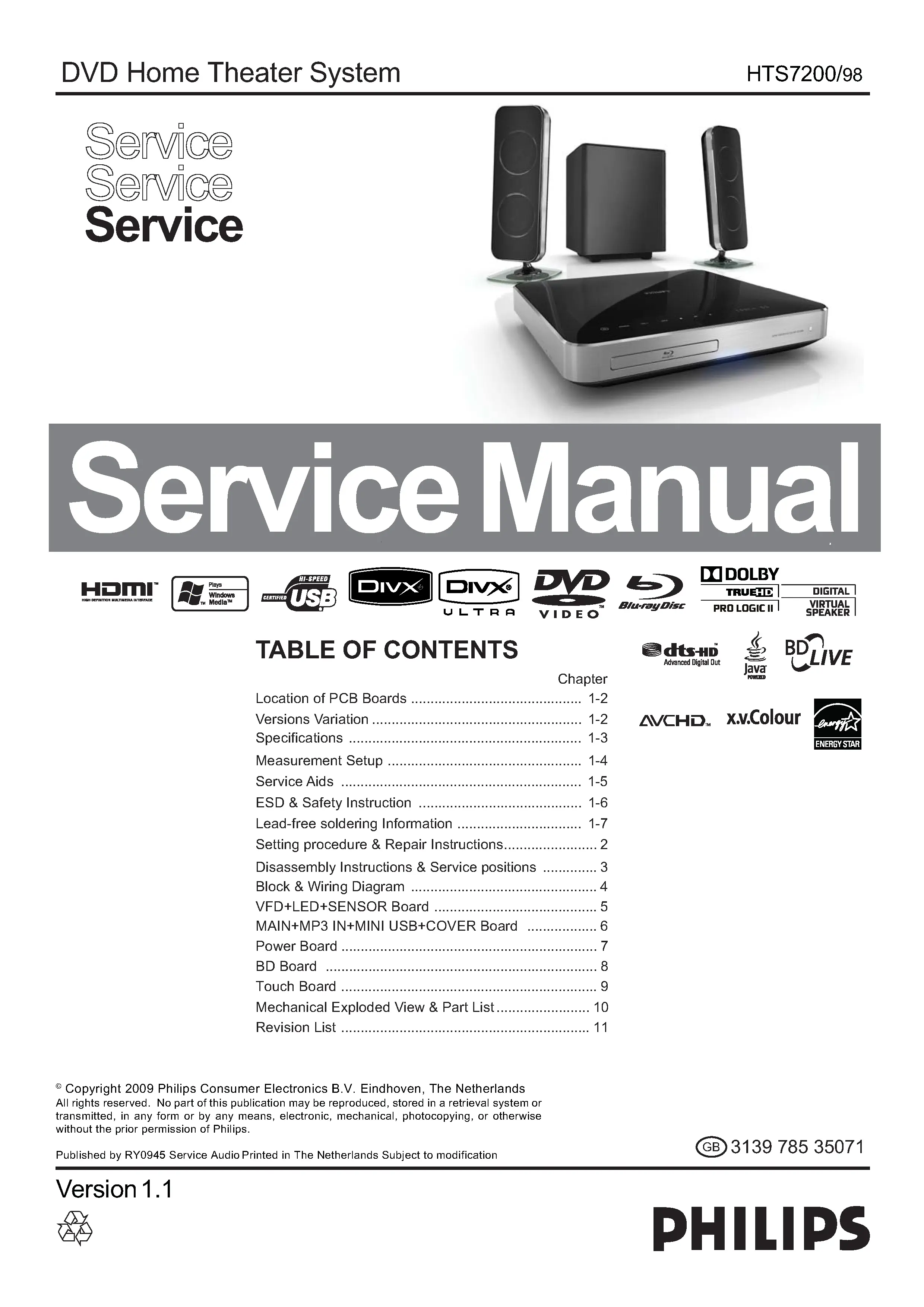 Philips hts7200 service manual cover with picture of the device, model type and number, table of contents, manual version and publication year.