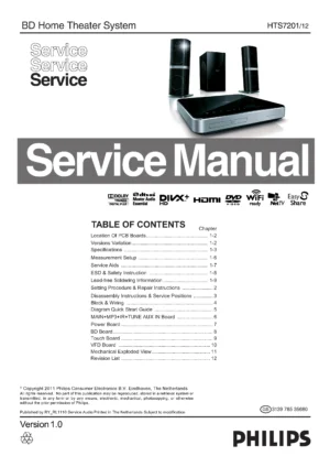 Philips hts7201 service manual cover with picture of the device, model type and number, table of contents, manual version and publication year.