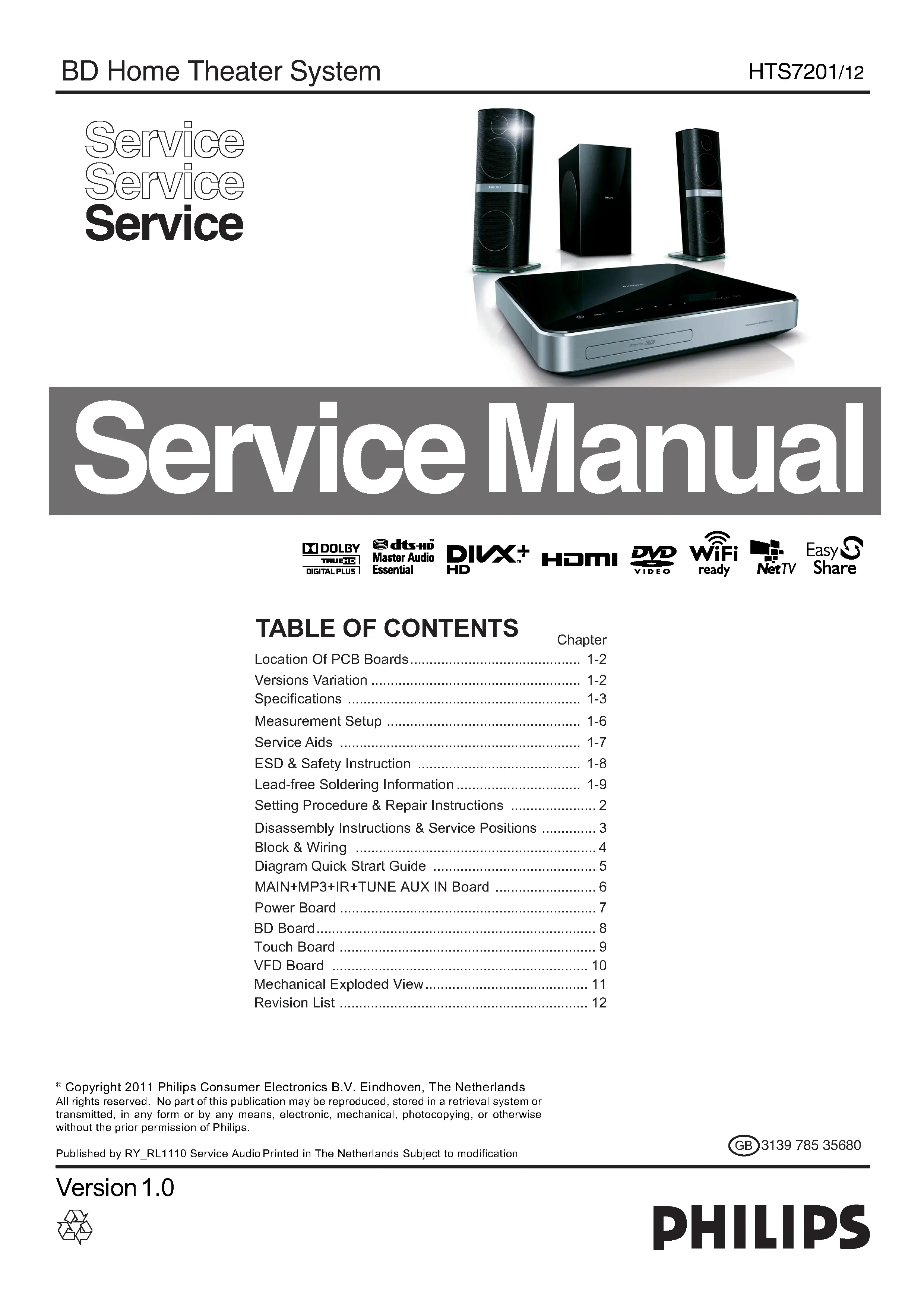 Philips hts7201 service manual cover with picture of the device, model type and number, table of contents, manual version and publication year.