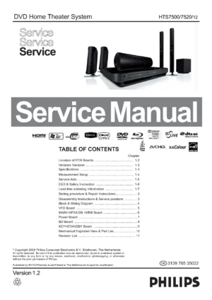 Philips hts7520 service manual cover with picture of the device, model type and number, table of contents, manual version and publication year.