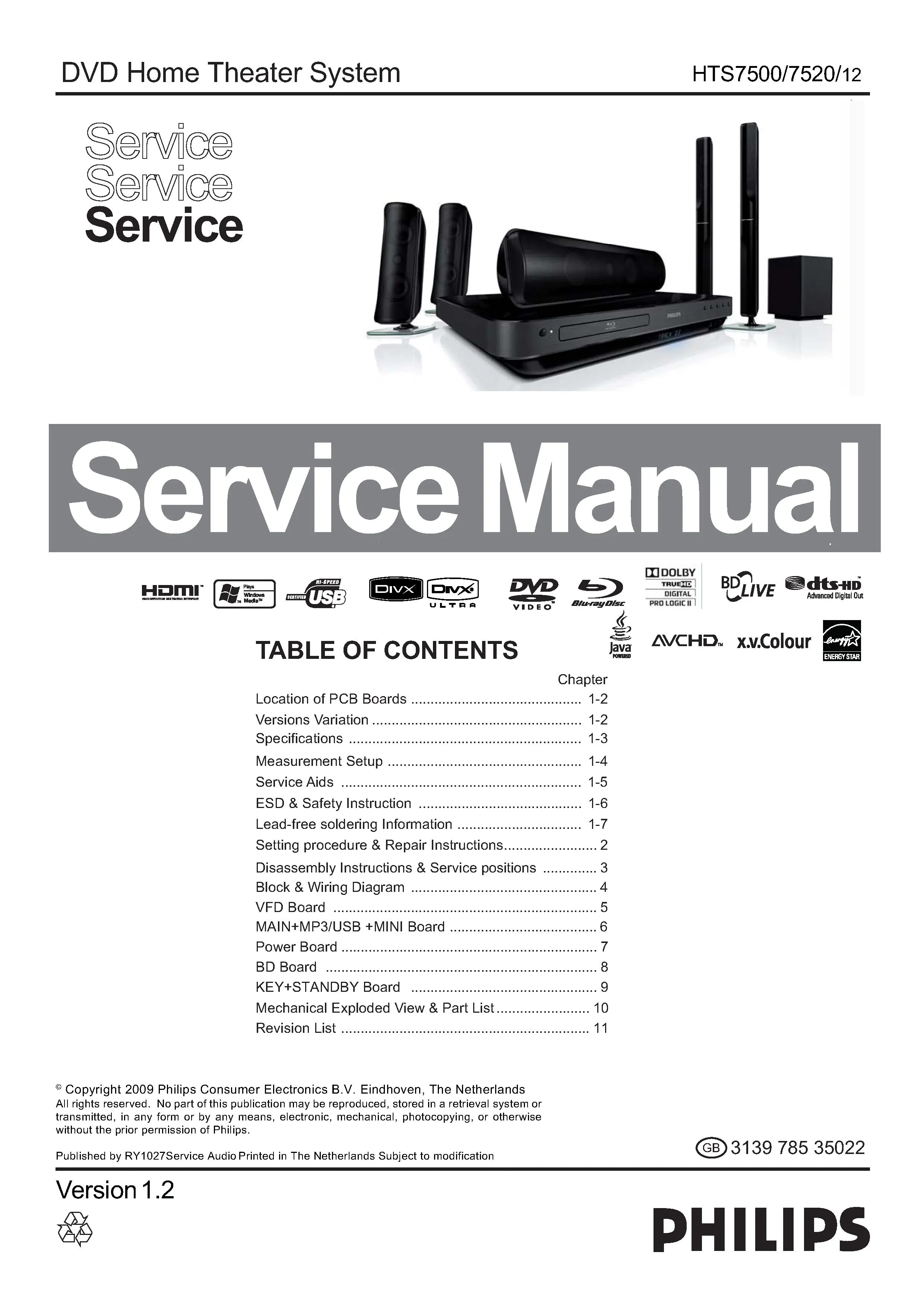 Philips hts7520 service manual cover with picture of the device, model type and number, table of contents, manual version and publication year.