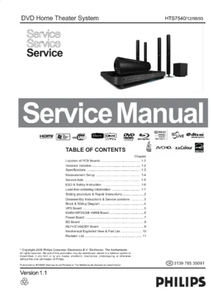 Philips hts7540 service manual cover with picture of the device, model type and number, table of contents, manual version and publication year.