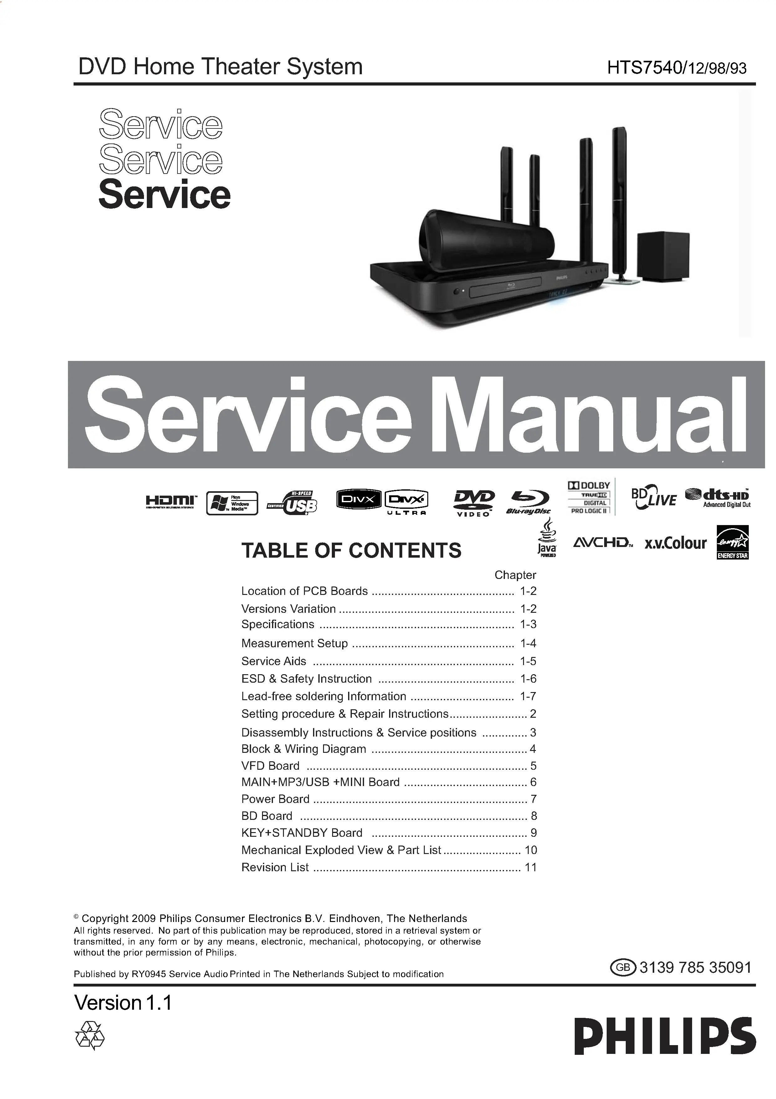 Philips hts7540 service manual cover with picture of the device, model type and number, table of contents, manual version and publication year.