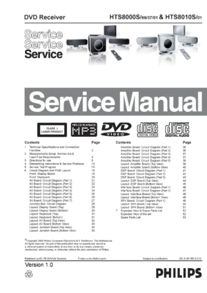 Philips hts8000s hts8010s service manual cover with picture of the device, model type and number, table of contents, manual version and publication year.