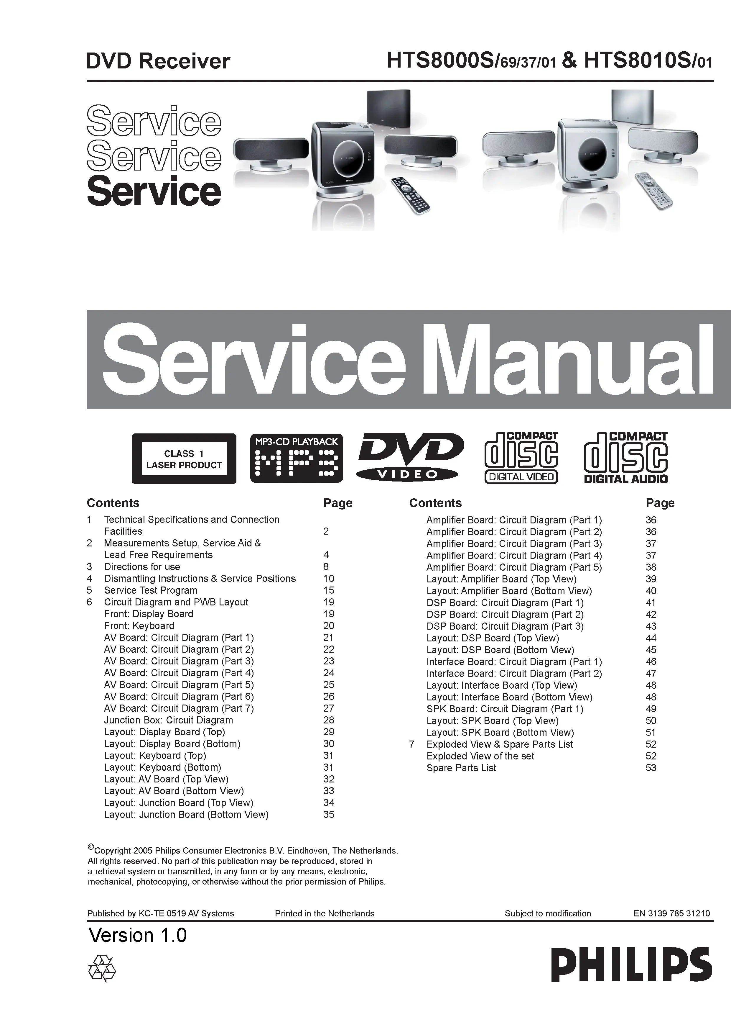 Philips hts8000s hts8010s service manual cover with picture of the device, model type and number, table of contents, manual version and publication year.