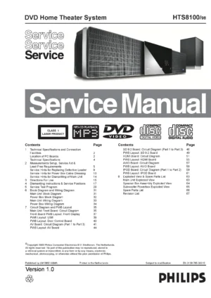 Philips hts8100 service manual cover with picture of the device, model type and number, table of contents, manual version and publication year.