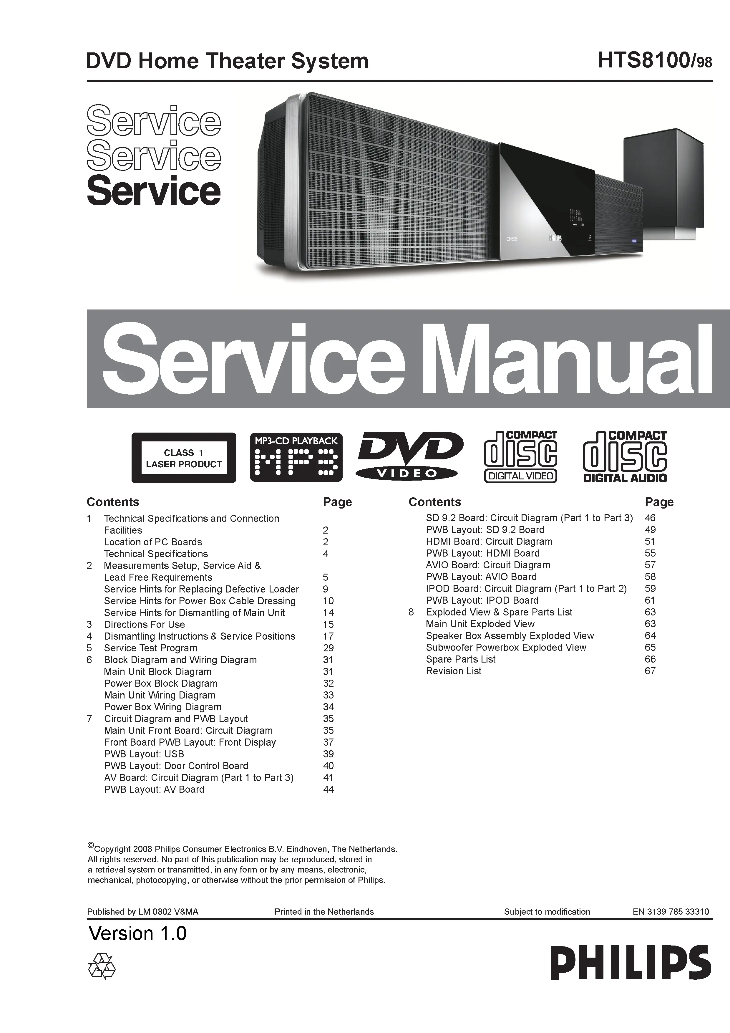 Philips hts8100 service manual cover with picture of the device, model type and number, table of contents, manual version and publication year.