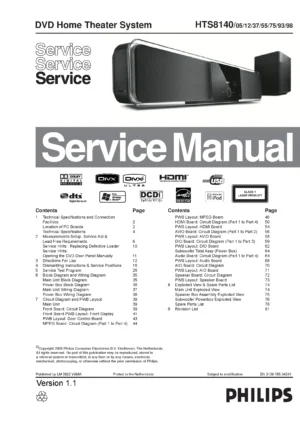 Philips hts8140 service manual cover with picture of the device, model type and number, table of contents, manual version and publication year.