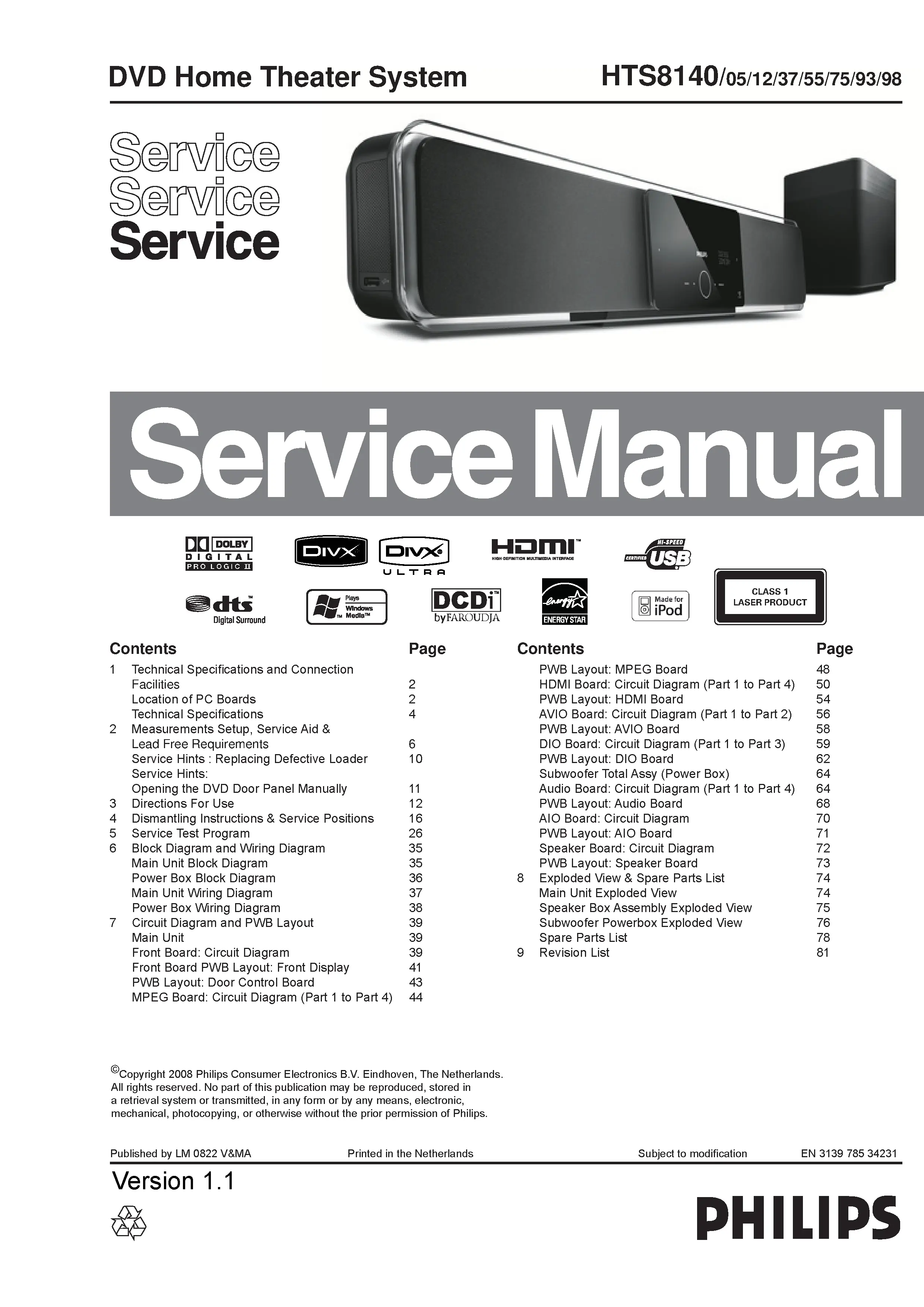 Philips hts8140 service manual cover with picture of the device, model type and number, table of contents, manual version and publication year.