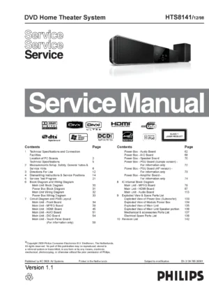 Philips hts8141 service manual cover with picture of the device, model type and number, table of contents, manual version and publication year.