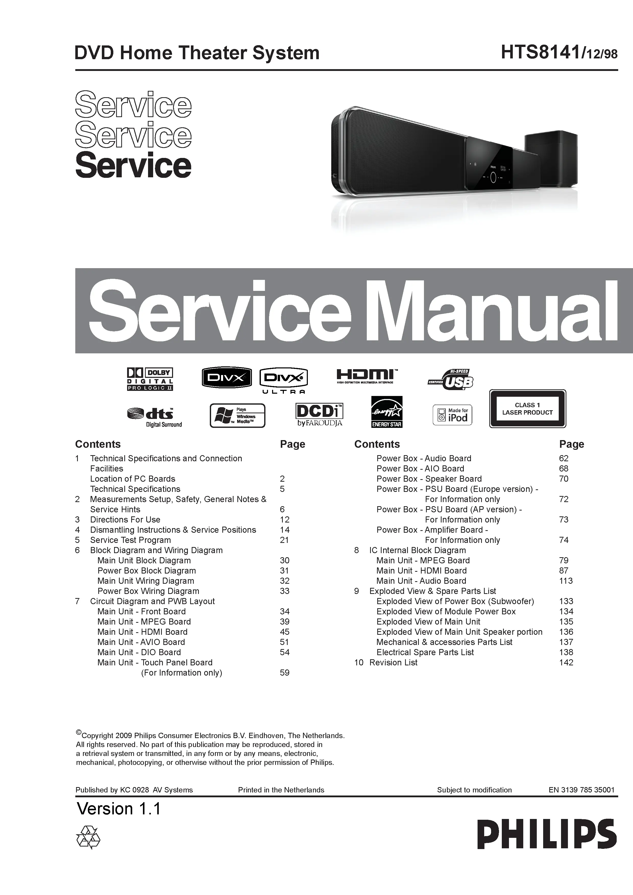 Philips hts8141 service manual cover with picture of the device, model type and number, table of contents, manual version and publication year.