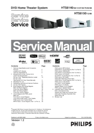 Philips hts8150 service manual cover with picture of the device, model type and number, table of contents, manual version and publication year.