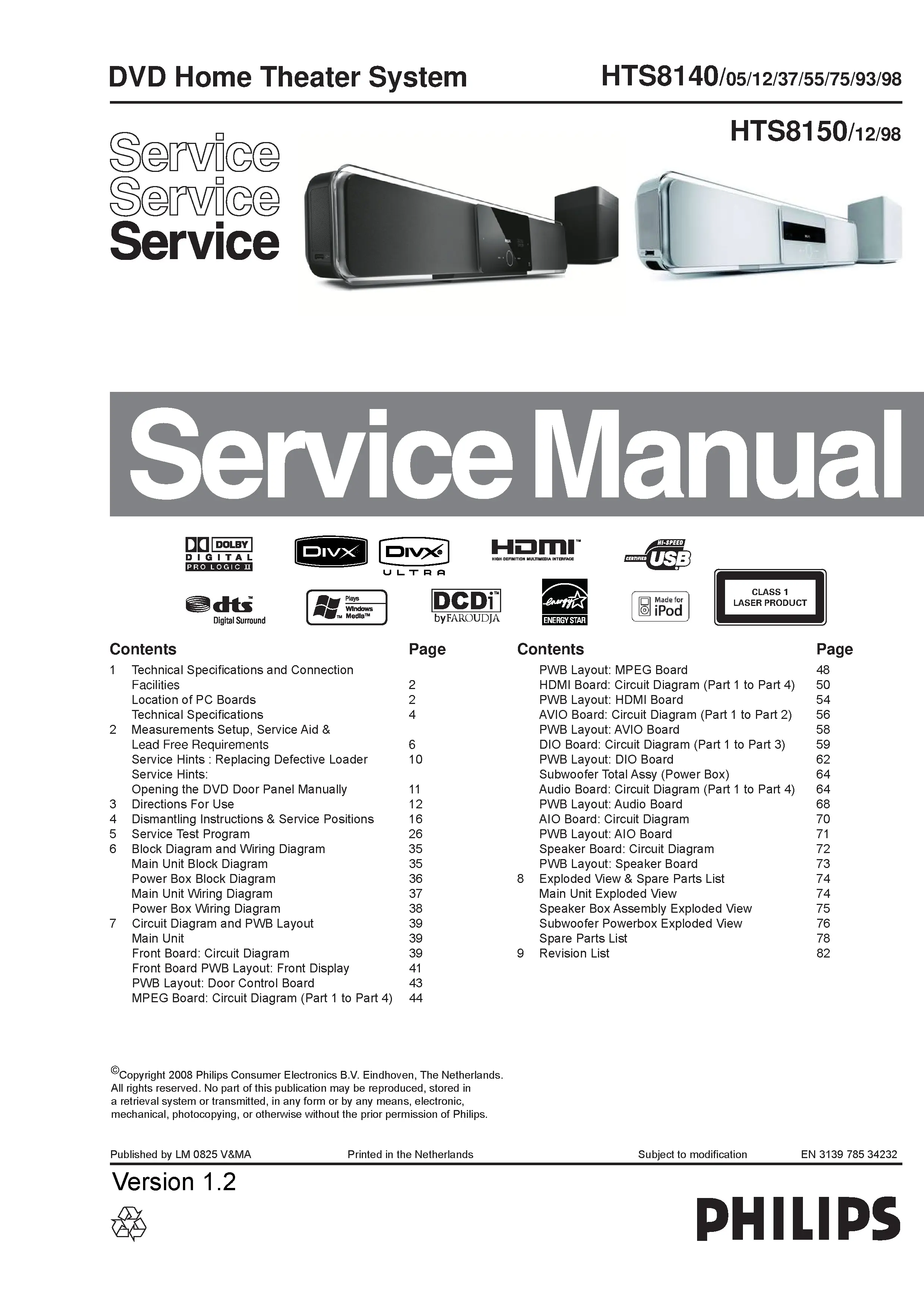 Philips hts8150 service manual cover with picture of the device, model type and number, table of contents, manual version and publication year.