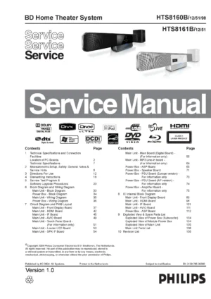 Philips hts8160b service manual cover with picture of the device, model type and number, table of contents, manual version and publication year.