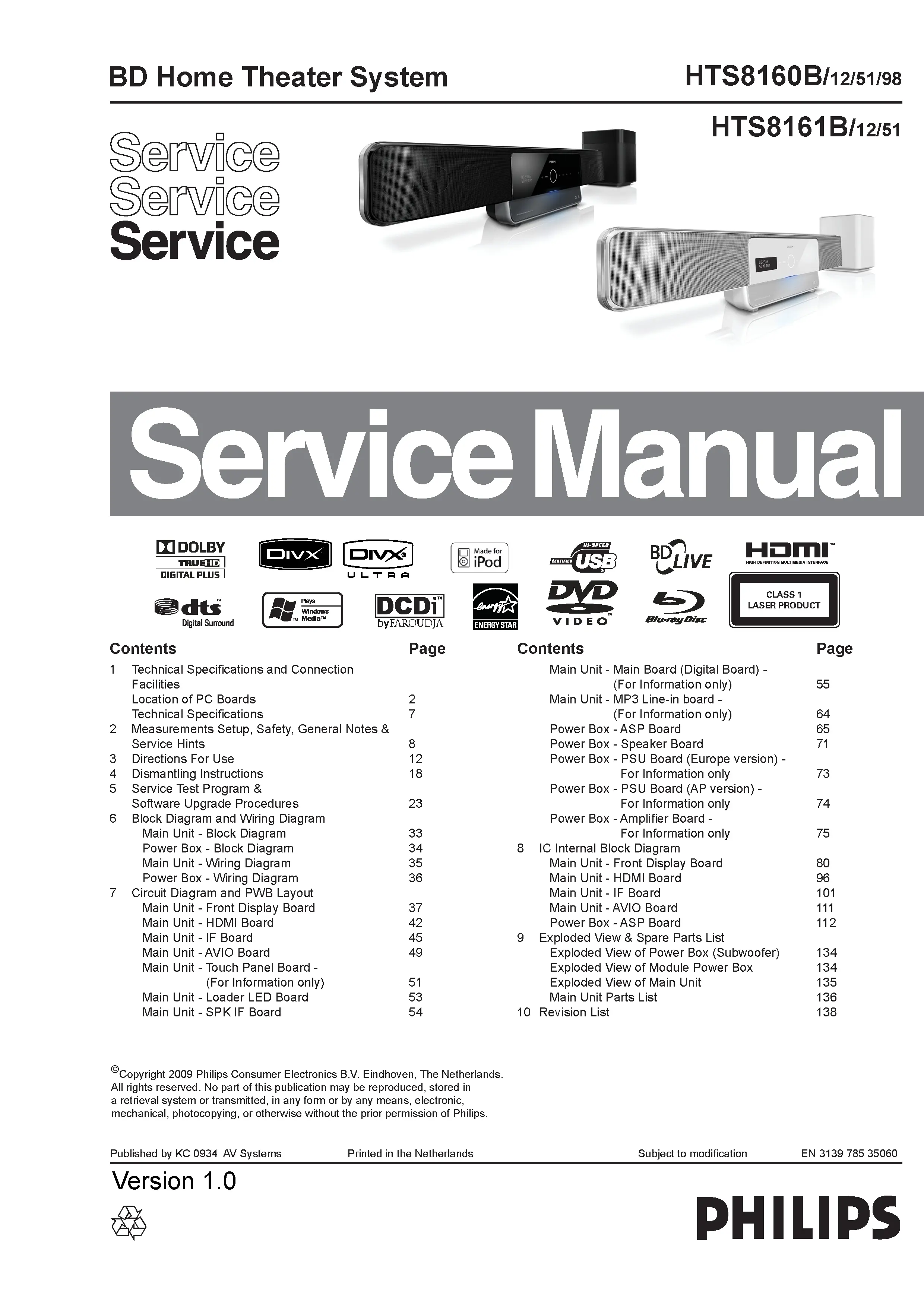 Philips hts8160b service manual cover with picture of the device, model type and number, table of contents, manual version and publication year.