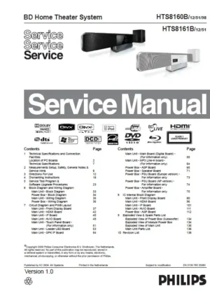 Philips hts8161b service manual cover with picture of the device, model type and number, table of contents, manual version and publication year.