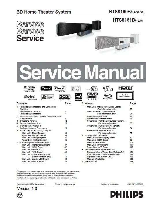 Philips hts8161b service manual cover with picture of the device, model type and number, table of contents, manual version and publication year.