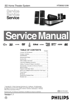 Philips hts8562 service manual cover with picture of the device, model type and number, table of contents, manual version and publication year.