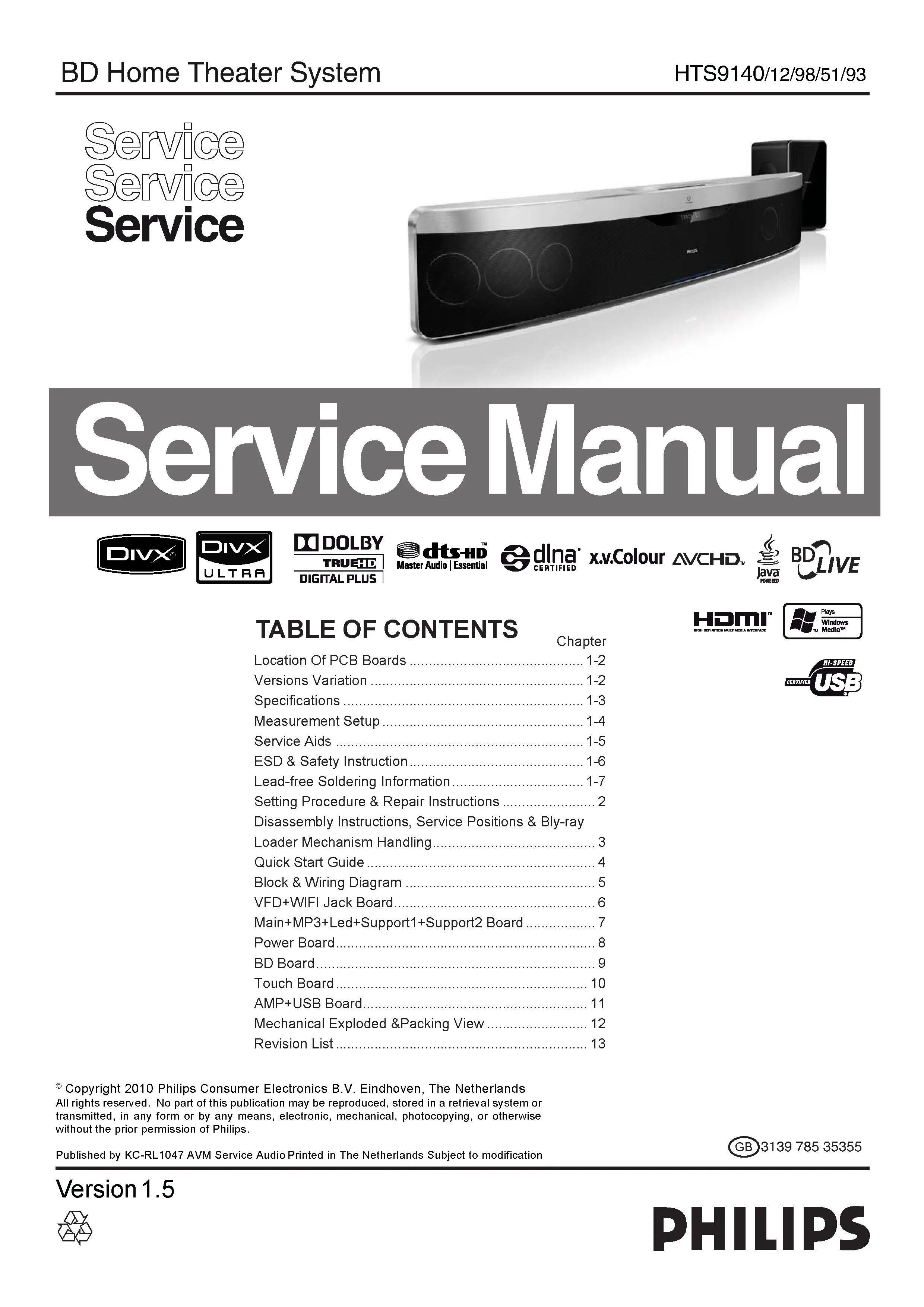 Philips hts9140 service manual cover with picture of the device, model type and number, table of contents, manual version and publication year.