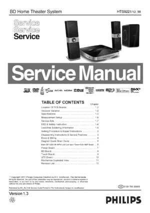 Philips hts9221 service manual cover with picture of the device, model type and number, table of contents, manual version and publication year.