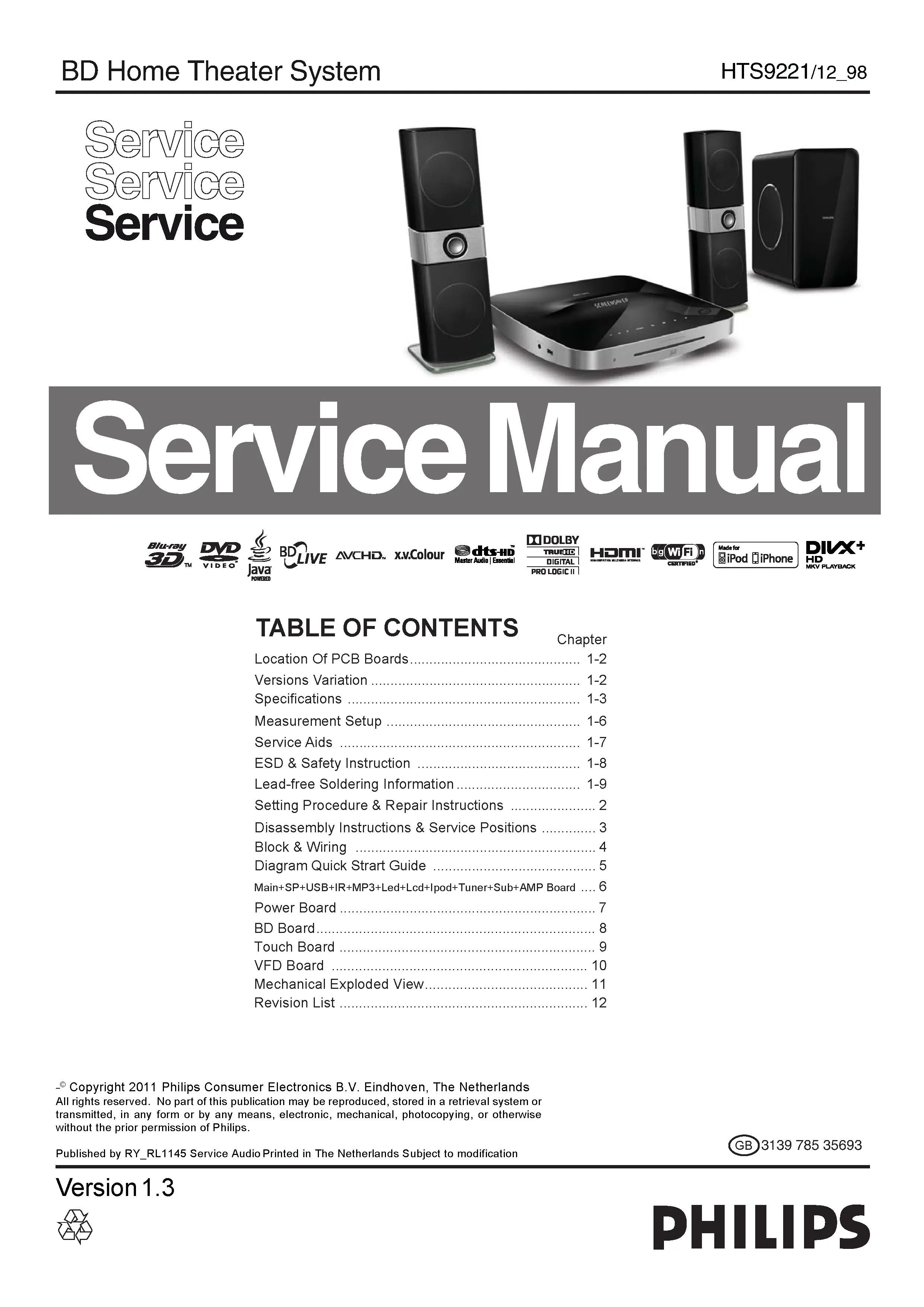 Philips hts9221 service manual cover with picture of the device, model type and number, table of contents, manual version and publication year.