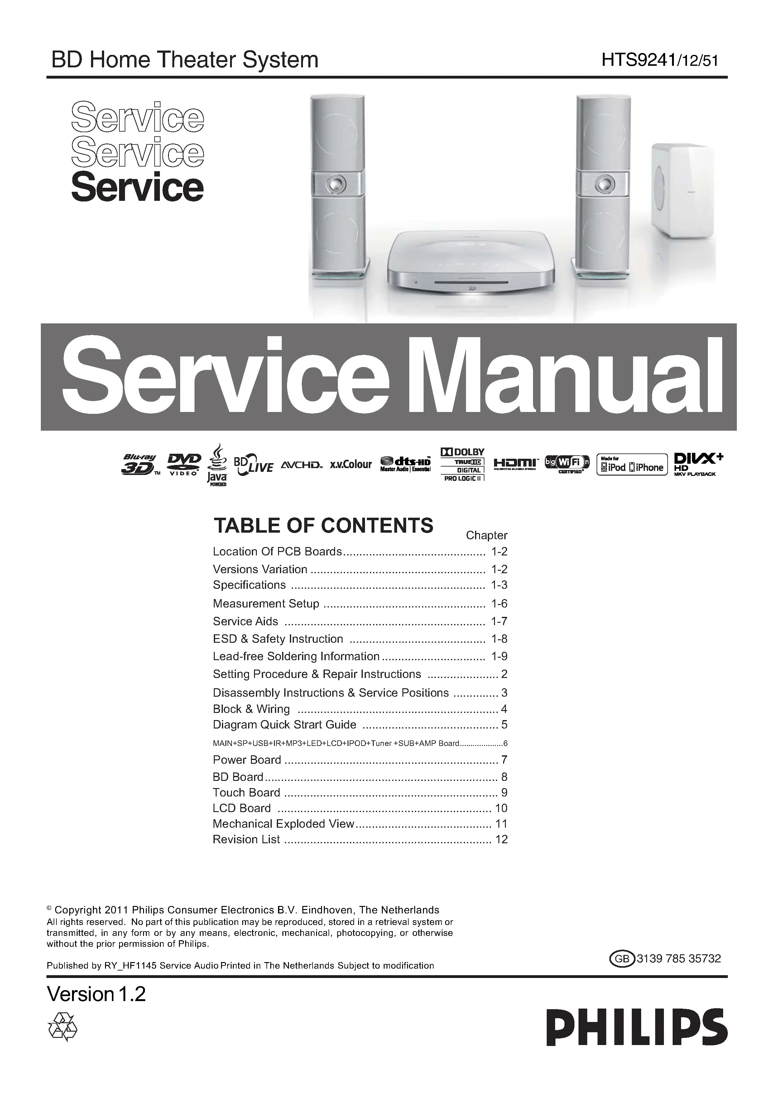 Philips hts9241 service manual cover with picture of the device, model type and number, table of contents, manual version and publication year.