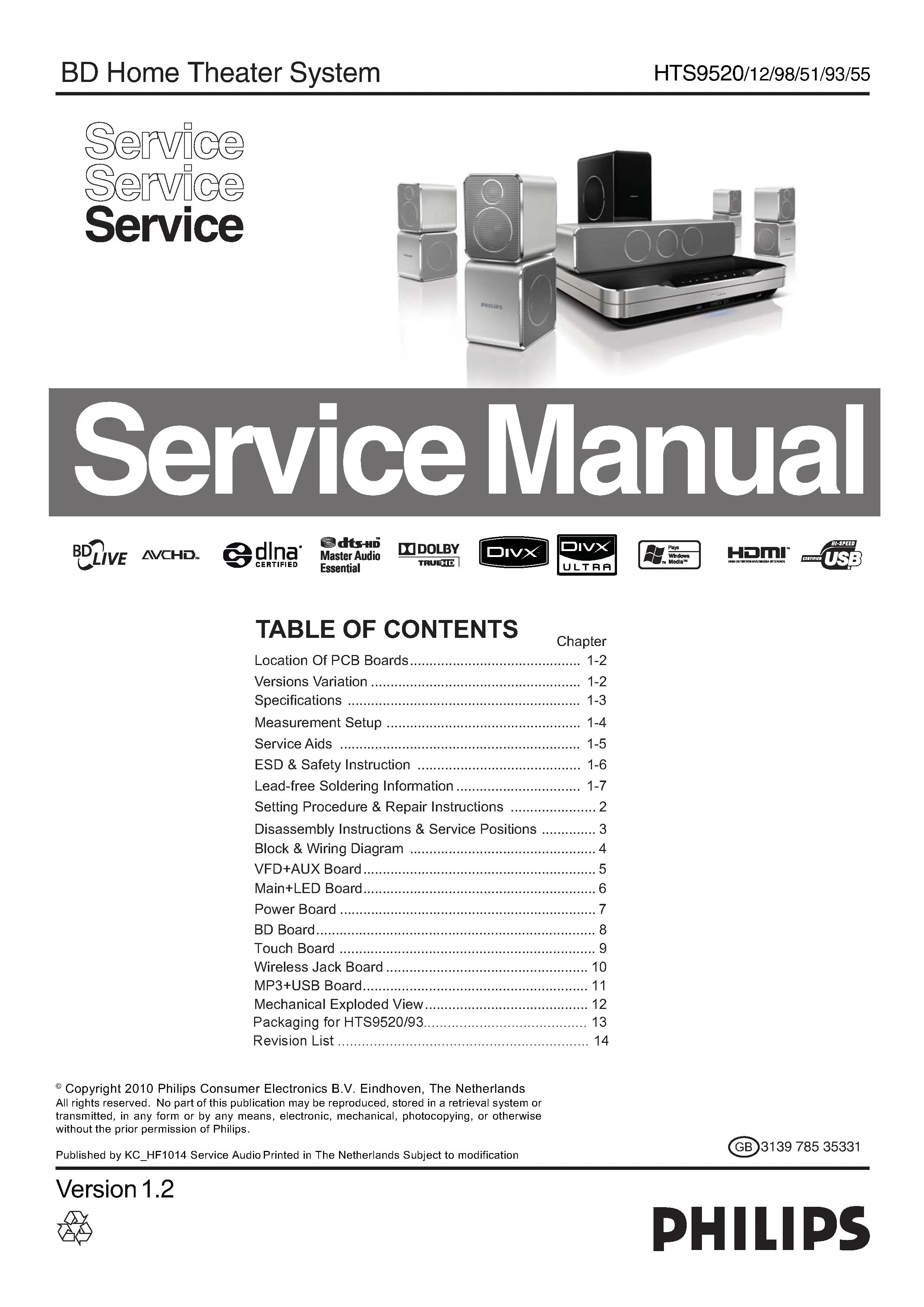 Philips hts9520 service manual cover with picture of the device, model type and number, table of contents, manual version and publication year.