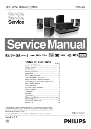 Philips hts9540 service manual cover with picture of the device, model type and number, table of contents, manual version and publication year.