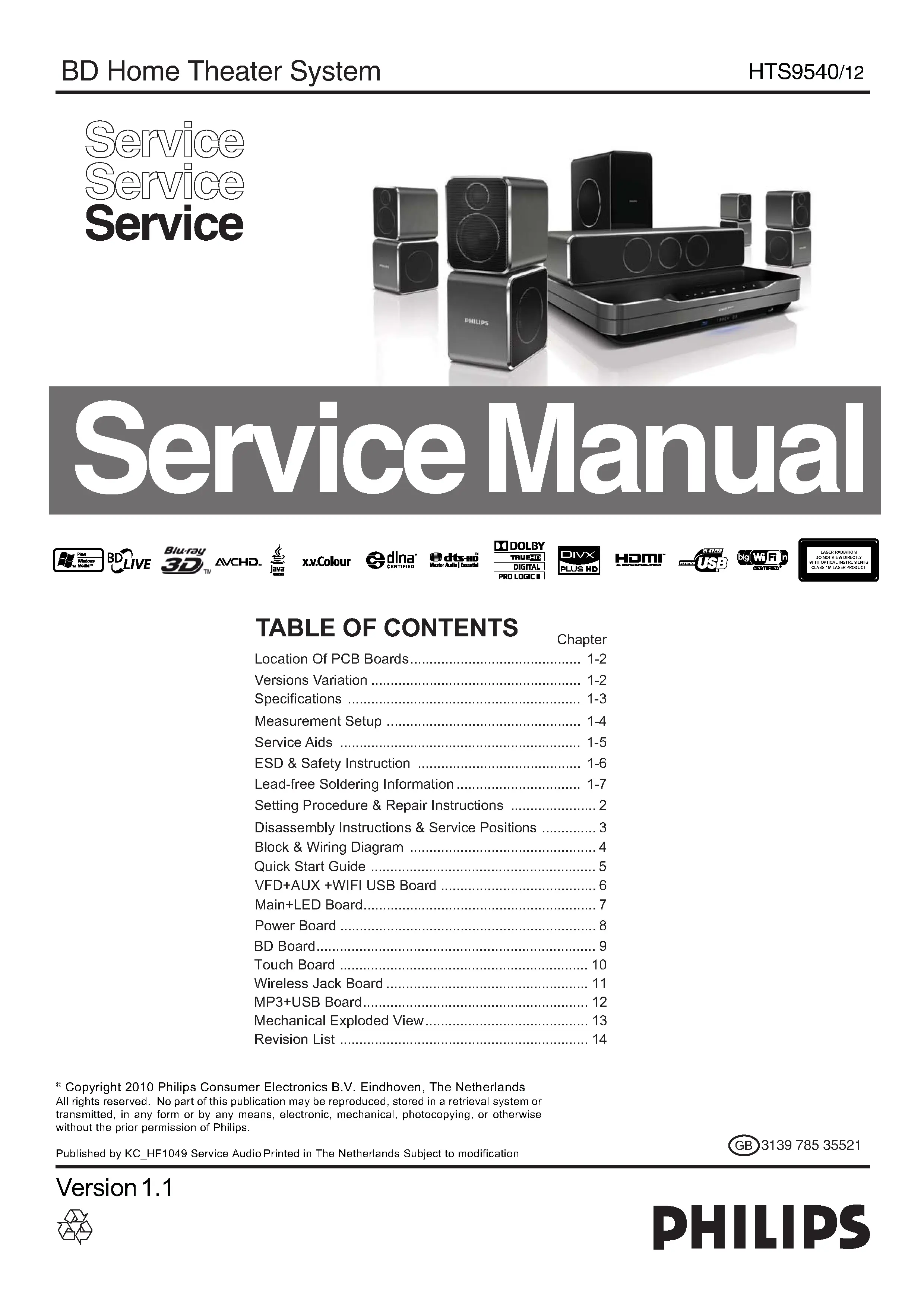 Philips hts9540 service manual cover with picture of the device, model type and number, table of contents, manual version and publication year.